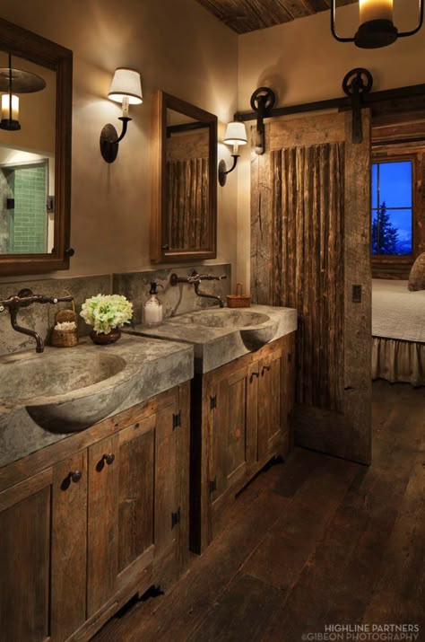 I wonder how many years those sinks would have before needing replaced.  Love it.                                                                                                                                                                                 More Barnyard Door, Contemporary Barn, Country Barns, Barn Door Designs, Rustic Bathroom Designs, Door Interior, Rustic Bathroom Decor, Rustic Bathrooms, Dream Bathrooms