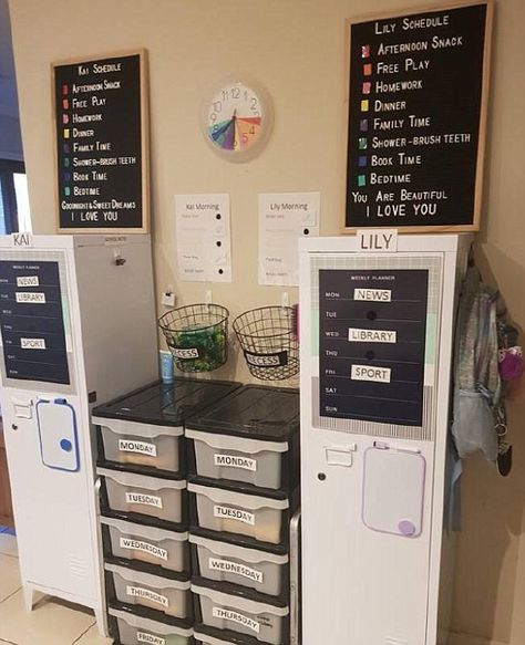 A super-organised mother cut the time it takes to get her two child ready for school in half using a few common Bunnings and Kmart items School Bag Storage Ideas, Bag Storage Ideas, School Bag Storage, Organised Mum, School Hacks Diy, School Organisation, School Storage, Kids Mud, Homework Station