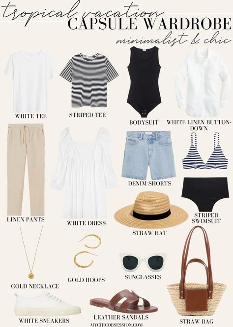 If you’re after a better way to pack without sacrificing style, then keep reading for a minimalistic and chic tropical vacation capsule wardrobe. #tropicalvacationoutfits #vacationstyle Capsule Beach Wardrobe, Tropical Wardrobe Capsule, Neutral Wardrobe Outfits Summer, Palm Springs Capsule Wardrobe, Minimalist Summer Vacation Outfit, European Vacation Outfits Summer Capsule Wardrobe, Resort Wear Capsule Wardrobe, Hawaiian Vacation Capsule Wardrobe, Beach Vacation Capsule Wardrobe 2023