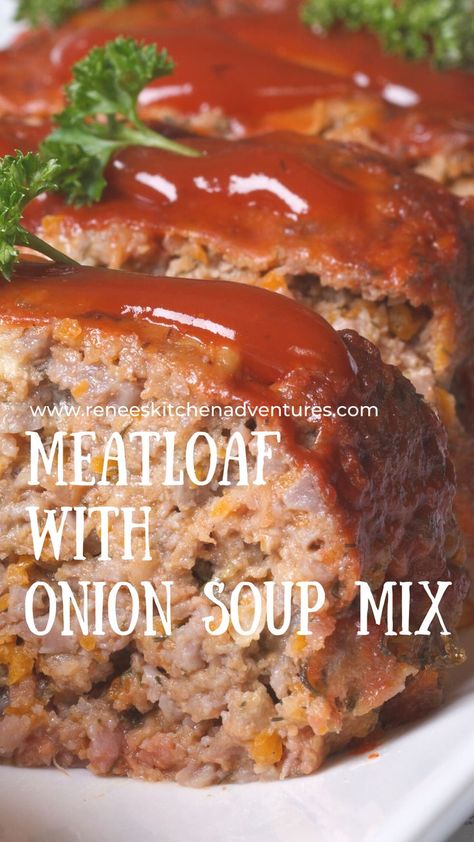 Meatloaf with Onion Soup Mix by Renee's Kitchen Adventures. Easy 6 ingredient retro recipe for a moist and flavorful meatloaf. It's the one you used to get on the back of the box with a few extra tips and tricks added. Mom's meatloaf recipe. Meatloaf With Onion Soup, Onion Soup Mix Meatloaf, Mom's Meatloaf Recipe, Onion Soup Meatloaf Recipe, Lipton Onion Soup Meatloaf, Beef Meatloaf Recipes, Delicious Meatloaf, Homemade Meatloaf, Classic Meatloaf Recipe