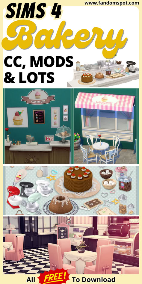 A collection of custom bakery-themed CC and lots for your next TS4 session! Sims 4 Coffee Shop Cc Maxis Match, Sims 4 Bakery Mod, Live In Business Sims 4, Sims 4 Cc Bakery Furniture, Sims 4 Baking Mod, Sims 4 Cc Bakery Clutter, Sims 4 Functional Bakery Cc, Ts4 Retail Cc, Ts4 House Cc Patreon