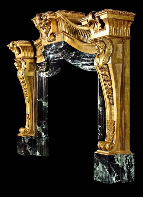 castle fireplaces | Palazzo fireplace mantel in carved gilded wood and marble,see Castle ... Gold Fireplace, Lunatic Fringe, Mantel Piece, Gothic Furniture, Carved Furniture, Antique Fireplace, Light My Fire, Wood And Marble, Home Fireplace