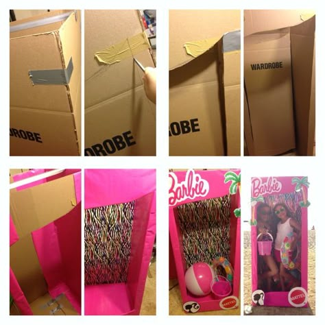 DIY Barbie life size box-get a box w/ height I got this "wardrobe box" from a storage business that sells moving items. tape all top edges of the box to give it height & close the bottom in so it secures it while standing. On front draw a rectangular shaped window (to feature your life size Barbie). Carve w/ razor blade. use wrapping paper to decorate the outside and get a different paper to line the center backdrop of the box. Print logo or draw to Decorate & add props to cater to your theme! Life Size Barbie, Barbie Party Decorations, Barbie Theme Party, Barbie Box, Barbie Birthday Party, Barbie Costume, Barbie Theme, Barbie Life, Barbie Birthday