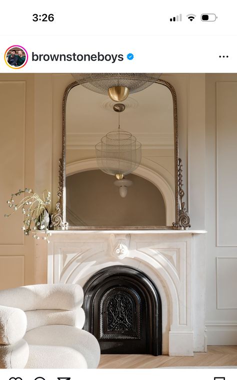 Parisian Fireplace, Mirror Over Mantle, Prewar Apartment, Arched Fireplace, Over Mantle, Modern Parisian, French Fireplace, Slanted Ceiling, Period Home