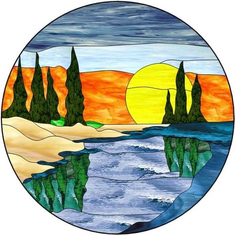 Scenery Painting Ideas, Stained Glass Patterns Free, Scenery Painting, Yarn Painting, Glass Art Pictures, Glass Painting Designs, Stained Glass Birds, Glass Art Projects, Landscape Quilts