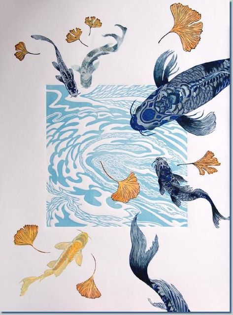 Printmaking Inspiration, Pencil Artwork, Koi Art, Printmaking Art, Lock Screens, Color Pencil, Fish Art, Linocut Prints, Koi Fish