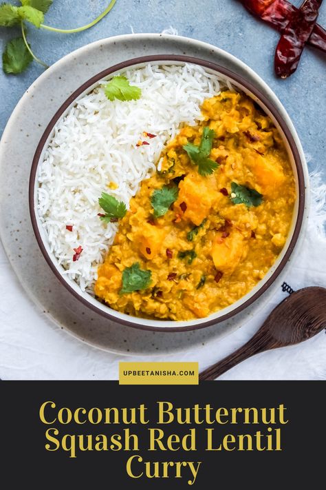 Squash Lentil Curry, Red Lentil Butternut Squash Curry, Butternut And Lentil Curry, Butternut Squash Lentil Recipes, Butternut Squash And Lentil Curry, Indian Butternut Squash Curry Recipes, Lentil Squash Curry, Butternut Squash Dahl, Indian Butternut Squash Recipes