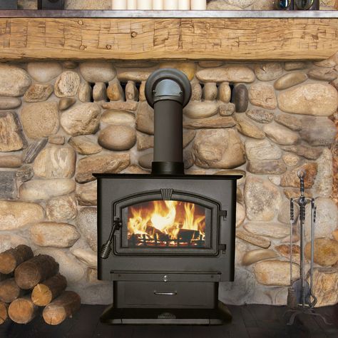 Beautiful stone firewall for woodstove Wood Stove Surround, Wood Stove Hearth, Log Cabin Furniture, Wood Stove Fireplace, Wood Pellet Stoves, Cabin Furniture, Fireplace Entertainment, Wood Pellets, Pellet Stove