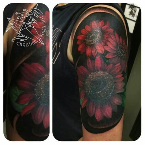 Red sunflower half sleeve Sunflower Tattoo Neck, Red Sunflower Tattoo, Sunflower Half Sleeve, Tattoo Ideas Arm, Tattoo Neck, Red Sunflowers, Sunflower Tattoos, Arm Tattoos, Sunflower Tattoo