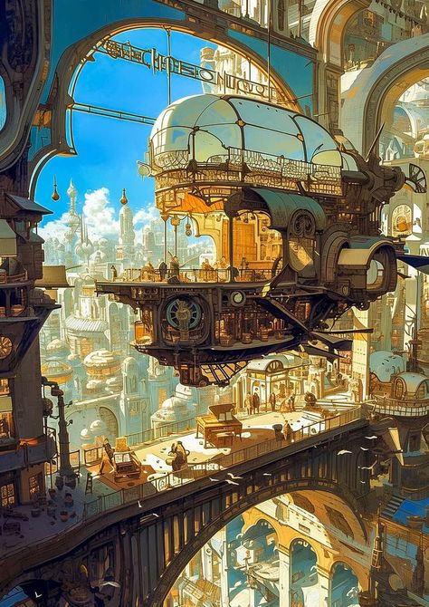 Futuristic Magic City, Steampunk City Concept Art, Steampunk Scenery, Arcane City, Steampunk Moodboard, Steampunk Landscape, Demon Kingdom, Sci Fi Environment Concept Art, Ville Steampunk