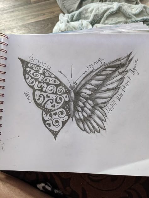 Butterfly with angel wing.. tattoo choice Angel Butterfly Tattoo Wings, Small Butterfly Angel Tattoo, Butterflies Memorial Tattoo, Angle Butterfly Tattoo, Grandma Memorial Tattoos Butterfly, Angel Wings Butterfly Tattoo, Butterfly Tribute Tattoo, Half Angel Wing Half Flower Tattoo, Guardian Angel Butterfly Tattoo