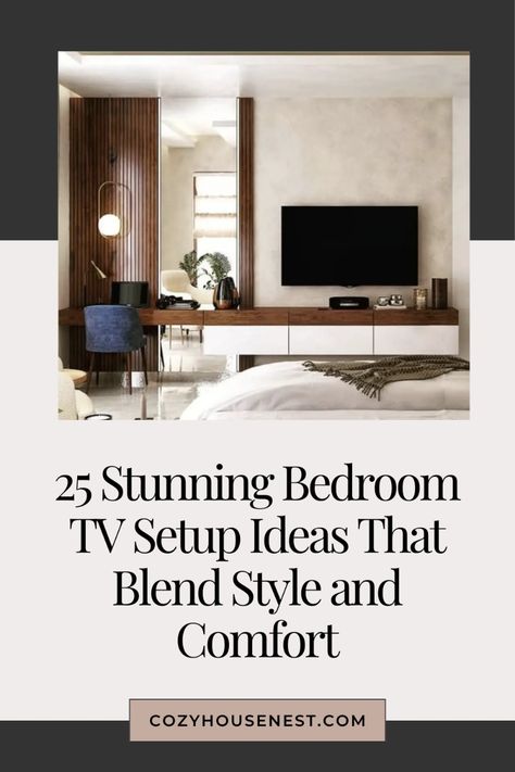 Elevate your relaxation game with these 25 stunning TV setup ideas for your bedroom! Explore creative ways to integrate your TV into your space while maintaining a stylish and cozy atmosphere. From sleek modern designs to charming built-ins, these ideas will help you find the perfect balance between functionality and elegance. Click through for inspiration on creating a bedroom TV setup that enhances your comfort and complements your décor beautifully! Tv On Bedroom Dresser, Guest Room Tv Ideas, Bedroom Layout Ideas With Tv, Couch And Tv In Bedroom, Tv Bedroom Ideas Wall Mounted Tv, Television In Bedroom Ideas, Tv In Primary Bedroom, Tv Wall Design Bedroom Tv Cabinets, Bedroom Media Wall Ideas