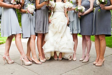 love the idea of bridesmaids dresses all in shades of the same colour and nude coloured shoes Bridesmaid Dress Shoes, Grey Bridesmaids, Mismatched Bridesmaids, Beautiful Beach Wedding, Grey Bridesmaid Dresses, Nude Shoes, Bridesmaid Shoes, Colorful Shoes, Grey Dress