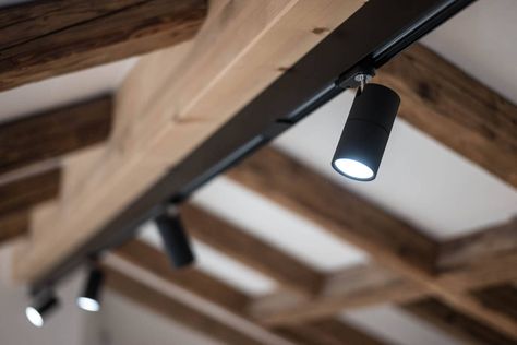 Track Lighting On Beams, Attic Lighting Ideas Low Ceilings, Attic Lighting Ideas, Lighting On Beams, Vaulted Ceiling Lighting, Exposed Beams Ceiling, Attic Lighting, Garage Guest House, Led Profile