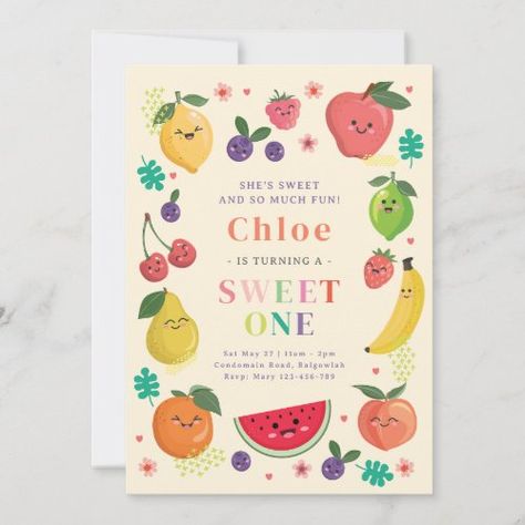 Berry Sweet One Birthday invite for $2.77 - Birthday Invitations First Birthday Fruit Theme, Fruits Theme Birthday Party, Sweet One Fruit First Birthday, Fruit First Birthday Party, Fruit Themed Birthday Party, 77 Birthday, Dancing Fruit, Sweet One Birthday, 77th Birthday