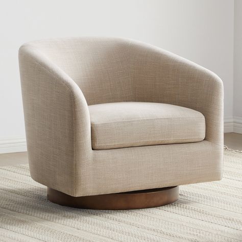 Latitude Run® Aiden Upholstered Swivel Barrel Chair & Reviews | Wayfair Arm Chair Living Room, Chair Living Room, Tan Fabric, Swivel Chair Living Room, Single Sofa Chair, Swivel Barrel Chair, Large Chair, Swivel Accent Chair, Modern Accent Chair