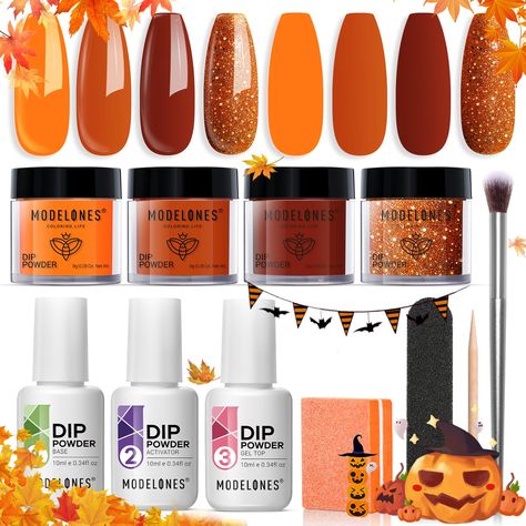 Modelones Dip Powder, Dip Manicure, Diy Salon, Halloween Manicure, Brown Glitter, Fall Gel Nails, Acrylic Nail Kit, French Nail Art, Manicure Diy