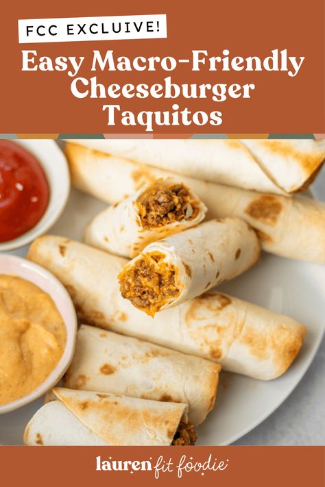 If you're looking for a fun way to mix up burger night, try these delicious baked Cheeseburger Taquitos! All your favorite burger ingredients wrapped up in a flour tortilla! These fun bites are perfect as a fun appetizer, afternoon snack or quick dinner! Cheeseburger Taquitos, Easy Macro Meals, Baked Cheeseburger, Burger Ingredients, Burger Night, Flour Tortilla, Macro Friendly Recipes, Cheese Burger, Macro Meals