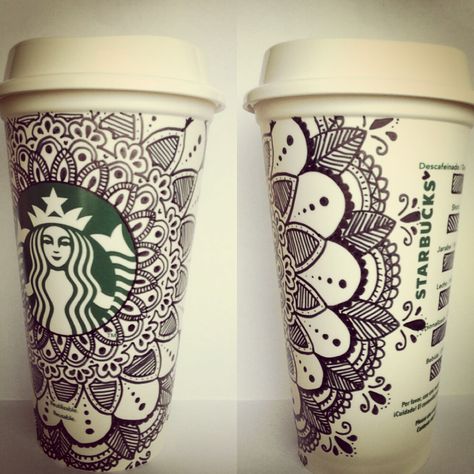 Mandala Cup Design, Kawaii Starbucks, Coffee Cup Doodle, Cup Doodle, Pink Starbucks Cup, Sharpie Designs, Starbucks Art, Starbucks Cup Design, Starbucks Cup Art