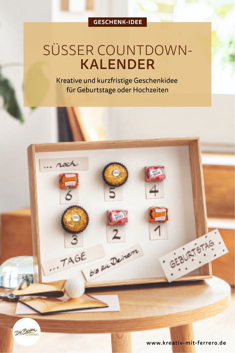 Du suchst eine kurzfristige Geschenkidee mit einer kreativen und individuellen Note? Dieser Countdown-Kalender mit "Die Besten" von Ferrero ist mit der Vorlage im Nu angefertigt – und eignet sich für Geburtstage, Hochzeiten oder mit Freude erwartete Feiertage wie Ostern und Weihnachten. #countdownkalender #countdownbasteln #DIYgeschenk #geschenkidee #geburtstagsgeschenk #hochzeitsgeschenk #feiertagsgeschenk #diebestenvonferrero Birthday Countdown, Cute Birthday Gift, Diy Presents, Candy Gifts, Diy Birthday Gifts, Diy Birthday, Present Gift, Diy Christmas Gifts, Surprise Gifts