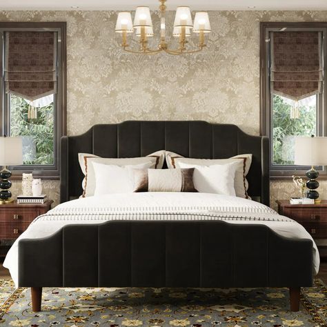 Mercury Row® Teen Allyson Queen Size Modern Curved Upholstered Bed & Reviews | Wayfair Adult Bedroom King Bed, Moody Luxe Living Room, Dark Velvet Bedding, Lafayette Bed Crate And Barrel, Black King Headboard, Bedding For Black Bed, Rooms With Black Beds, Grey Velvet Headboard Bedroom Ideas, Bed Frame Inspo Aesthetic