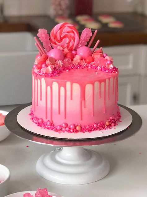 Fun Pink Birthday Cakes, Pink Drizzle Cake, Pink Candy Birthday Cake, Hot Pink 30th Birthday Cake, Birthday Layer Cake Recipes, Pink Toddler Birthday Cake, Pink Candy Cake, Pink Lemonade Birthday Cake, Shades Of Pink Cake Ideas