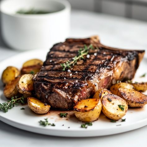 The T-Bone steak is a favorite cut of beef known for its distinctive "T" shaped bone that separates the tenderloin from the strip steak. Its popularity skyrocketed in the U.S., especially during the barbecue boom in the mid-20th century, when grilling became a national pastime.   #SteakPerfection #GrillMasters #BBQTime #TboneSteak #MeatLovers #GrillAndChill #RoastedPotatoes #ComfortFood #SummerBBQ Steak Tenderloin Recipes, Gourmet Potatoes, Steak Tenderloin, T Bone Steak, T Bone, Strip Steak, Beef Cuts, Meat Lovers, Beef Steak