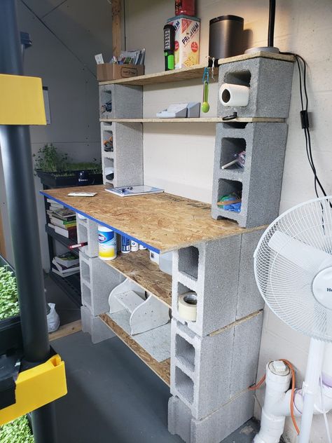 Cinder Block Work Bench, Cinder Block Outdoor Furniture, Concrete Block Furniture, Cinder Block Desk, Cinder Block Potting Bench, Cinder Block Shelf, Cinder Block Diy, Block Shelves, Cinder Block Shelves