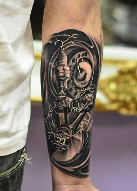 Biomechanical Tattoos for Men - Ideas and Inspiration for Guys Plug Tattoo, Mechanical Arm Tattoo, Piston Tattoo, Biomech Tattoo, Engine Tattoo, Biomechanical Tattoos, Harley Tattoos, Rip Tattoo, Mechanic Tattoo