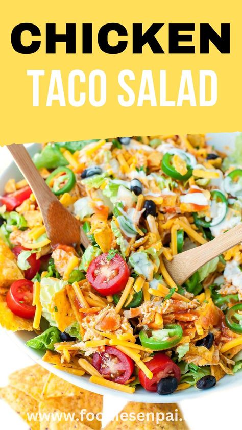 Chicken Taco Salad with tender chicken, crispy lettuce, tomatoes, black beans, corn, and a variety of toppings, including avocado, cheese, and cilantro. A quick and easy meal option that is delicious, healthy, and can be easily customized to suit your tastes. Taco Salad With Chicken, Chicken Salad With Tostadas, Chicken Salad Tostadas Mexican, Chicken Taco Salad Meal Prep, Chicken Taco Salad Bowl, Taco Salad Recipe, Southwest Chicken Salad Meal Prep, Healthyish Southwest Chicken Salad, Chicken Taco Salad Recipe