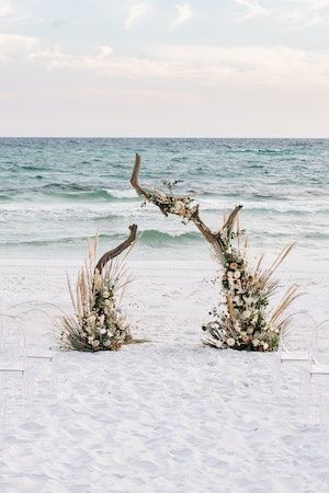 Intimate, Beach Wedding at Private Home in 30a, Florida | 60 more photos on PartySlate Seaside Wedding Decor, Coastal Wedding Theme, Beach Wedding Setup, Small Beach Weddings, Beach Wedding Arch, Intimate Beach Wedding, 30a Wedding, 30a Florida, Bahamas Wedding