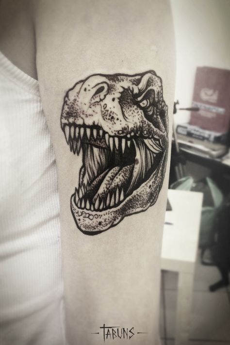 By Alex Tabuns Trex Head Tattoo, Dinosaur Head Tattoo, Tattoo Dinosaur, Alex Tabuns, Rex Tattoo, Dino Tattoo, T Rex Tattoo, Black And White Tattoo, Dinosaur Tattoo