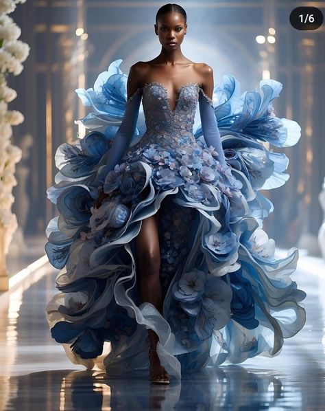 Ride The Wave Theme Dress, Unreal Dresses, Water Inspired Fashion, Flower Inspired Fashion, Blue Haute Couture, Water Dress, Met Gala Outfits, Met Gala Dresses, Gala Outfit