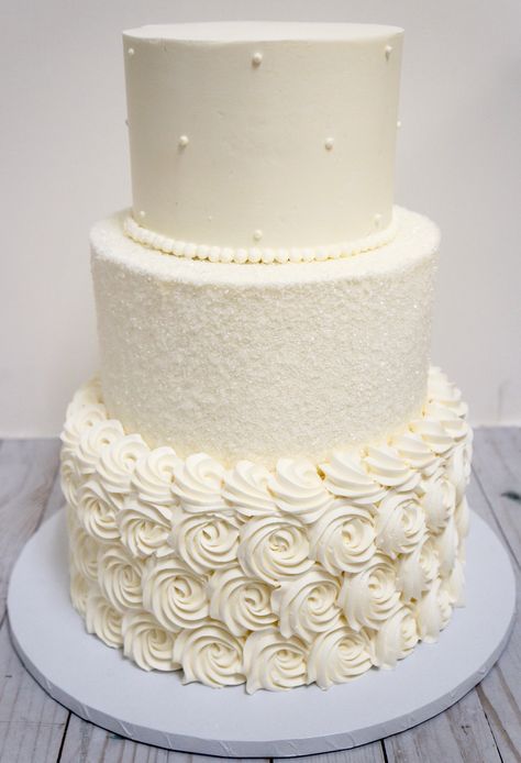 Buttercream Wedding Cake Designs 2 Tier, White Wedding Cake With White Roses, White Wedding Cake 5 Tier, White Wedding Cake 4 Tier, Rosette Wedding Cake, Wedding Cake Buttercream Flowers, Wedding Cake Rosette, Plain White 3 Tier Wedding Cake, Black Lace Wedding Cake