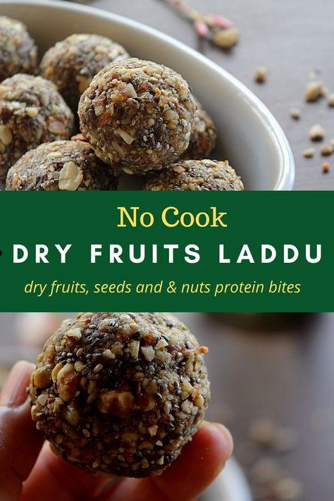 Dry Fruits ladoo is a healthy, nutritious and protein packed laddu made with dry fruits, seeds and nuts. Its a no sugar, no jaggery recipe. No cook recipe and takes just 10 minutes to make them. A perfect snack for kids and toddlers, for you evening hungry pangs or enjoy post work out. The ladoo's have almonds, cashew, pistachio, sunflower seeds, chia seeds, dates and raisins.  #dryfruitsladdu #ladoo #dryfruits #nosugar #nojaggery #energyballs #kidssnack Protein Ladoo Recipe, Dry Fruits Recipes, Protein Laddu Recipe, Dryfruit Laddu Recipe, Dry Fruits Ladoo Recipe, Dry Fruits Laddu, Jaggery Recipes, Nut Balls, Laddoo Recipe