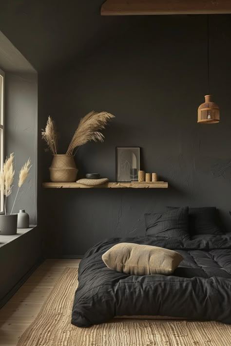 Japandi bedroom ideas seamlessly integrate Japanese minimalism and Scandinavian functionality for a peaceful and clean design. Click for more inspiration. Dark Japanese Bedroom, Moody Japandi Bedroom, Unique Spare Room Ideas, Dark Japandi Bedroom, Dark Scandinavian Bedroom, Japandi Interiors Bedroom, Dark Japandi, Japandi Black, Portugal Apartment