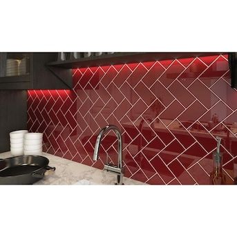 Maroon Tiles Kitchen, Red Bathroom Tiles, Red Backsplash Kitchen, Red Kitchen Tiles, Red Subway Tile, Red Backsplash, Subway Tile Design, Bath Surround, 2024 Kitchen