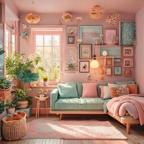 Maximalist Playroom Decor, Bloomcore Aesthetic Room, Pastel Colors House Interior, Pastel Office Ideas, Pastel Colors Home Decor, Maximalist Pastel Decor, Pastel Color Decor, Pink Wall Decoration, Studio Apartment Ideas Boho