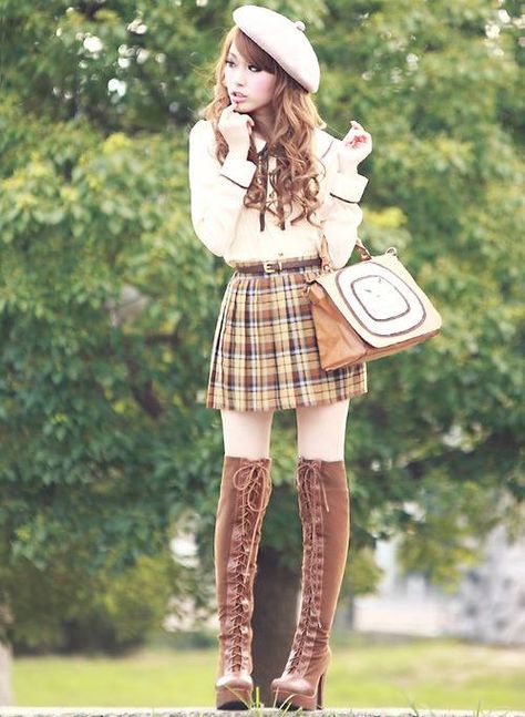 So I kind if really love the whole foreign child-like fashion scene. I think it's really cute, over the knee boots, plaid skirt Fashion 90s, Gyaru Fashion, Boots Platform, New Rock, Tokyo Fashion, Japanese Street Fashion, Japanese Outfits, Kawaii Clothes, Harajuku Fashion