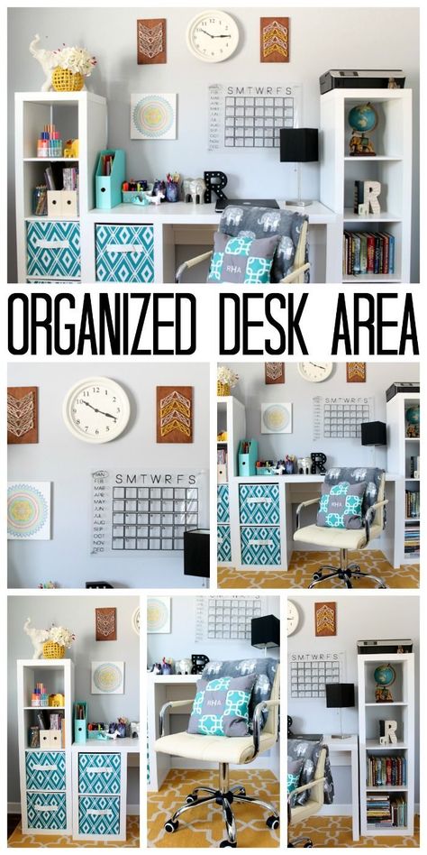 This organized desk area is perfect for a teen room! Get great ideas for organizing a desk or home office on a budget! Teen Room Organization, Craft Room Ideas On A Budget, Girls Room Organization, Organized Desk, Teen Desk, Desks For Small Spaces, Desk Area, Desk Areas, Kids Room Organization