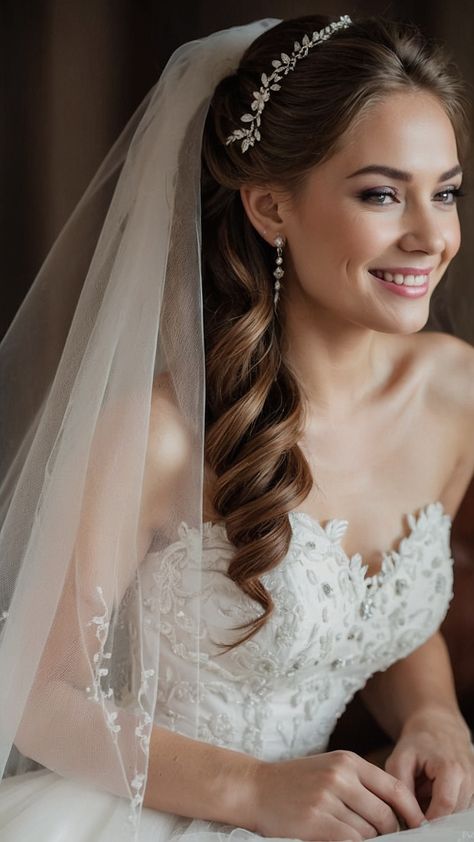 Discover inspiring Wedding Hairstyles with Veil Ideas for your special day From elegant Down Hairstyles to Vintage Updos Tiara and Crown styles Bun to Korean-inspired Curly looks explore Simple Ponytail Bob Long and Short options Whether you're a fan of timeless styles or trendy twists find the perfect hairstyle to complement your wedding attire here Bridal Headband With Veil Updo, Wedding Bride Hair Down, Tiara Bride, Headband With Veil, Wedding Hairstyles Crown, Crown With Veil, Bridal Hairstyles With Crown, Long Hair Wedding Styles With Veil Brides Hairstyle Ideas, Wedding Hairstyles With Veil Updo