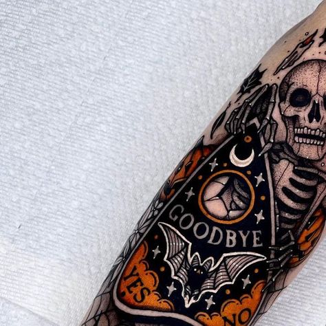 Halloween Hand Tattoo, Oujia Board Tattoos, Ouji Board Tattoo, Ouija Planchette Tattoo, Planchette Tattoo Design, Ouija Board Tattoo, Planchette Tattoo, 666 Tattoo, Ouija Tattoo