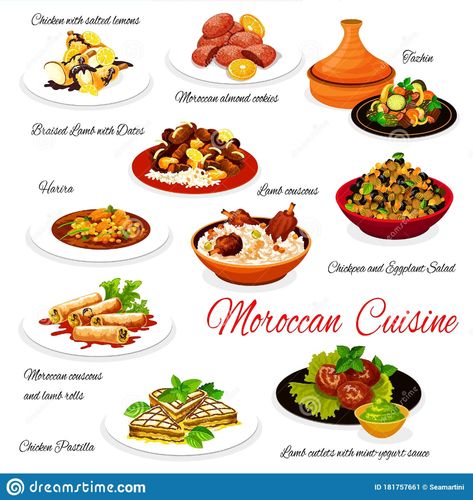 Moroccan food traditional authentic cuisine dishes. Illustration about dish, date, dessert, breakfast, food, almond, eggplant, mint, greenery, maghreb, menu, braised - 181757661 Moroccan Food Traditional, Moroccan Tagine Recipes, Moroccan Breakfast, Tagine Cooking, Morocco Food, Moroccan Cooking, Food Traditional, Tagine Recipes, Moroccan Dishes