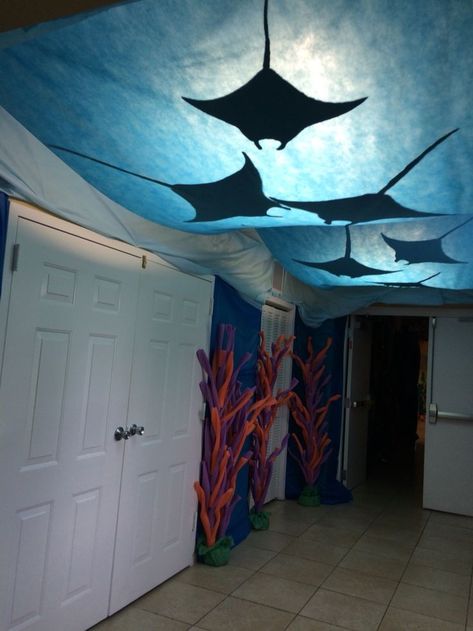 Ocean Floor Decorations, Seaweed Hanging From Ceiling, Cheap Under The Sea Decorations, Under The Sea Sensory Room, Under The Sea Ceiling Decorations, Deep Sea Decorations, Group Vbs 2024 Scuba, Under The Sea Hallway Decorations, Submerged Vbs Decorations