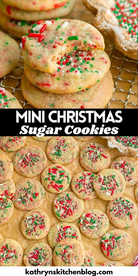 Soft and Chewy Mini Sugar Cookies (Perfect for Christmas) Chewy Christmas Sugar Cookies, Soft Chewy Christmas Cookies, Mini Cookies Christmas, Mini Christmas Sugar Cookies, Christmas Mini Cookies, Small Christmas Cookies, Simple Cookies Recipes, Holiday Bake Sale, Mini Christmas Cookies