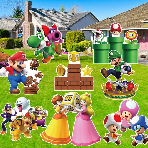 PRICES MAY VARY. 【Super Bros Party Favors】The package you receive include 8 pcs different patterns super bro yard signs. Adding fun and festivity to any occasion. 【High Quality】:Mario party favors is made of high-quality waterproof corrugated plastic paper,safe and non-toxic,bright in color, vivid in design, not easy to fade. 【Easy to Use 】:Just need to insert the plastic pile into the hole of the sign and then into the ground of the lawn and you can decorate with confidence. Unique design add m Mario Party Decorations, Lawn Party Decorations, Lawn Party, Mario Birthday Party, Mario Birthday, Game Themes, Mario Party, Trunk Or Treat, Outdoor Lawn