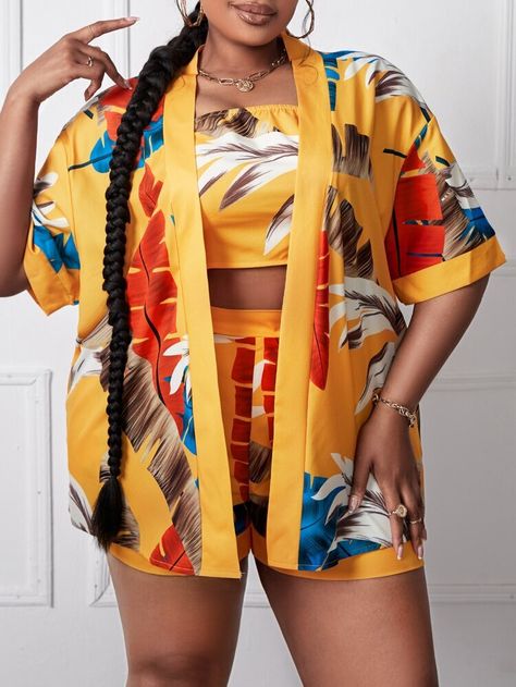 Shorts And Kimono Outfit, Beach Outfits Women Plus Size, Tube Top And Shorts, 2piece Outfits, Yellow Swimsuits, Plunging One Piece Swimsuit, African Fashion Modern, Beachwear Fashion, Vintage Swimsuits