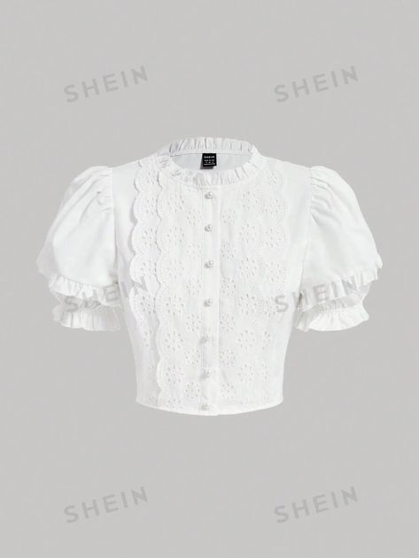 SHEIN MOD Women'S Hollow Out Embroidery Patchwork Puff Sleeve Shirt | SHEIN USA Embroidery Patchwork, Puff Sleeve Shirt, Plain Tops, Pretty Clothes, Women Blouses, Custom Dresses, Dream Clothes, Floral Lace, Pretty Outfits