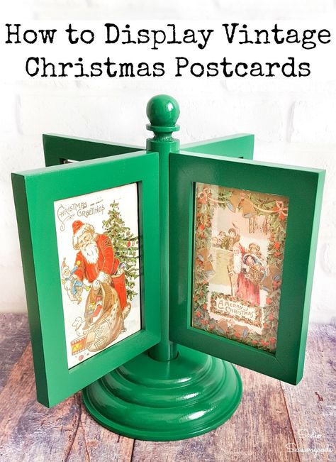 If you love to display vintage Christmas postcards during the holidays, then this upcycling idea is PERFECT for you! A rotating photo frame from the thrift store is simply wonderful to display all your lovely cards. AND it can double as an alternative for a tabletop tree, too! #vintagechristmasdecorations #vintagechristmascards #christmaspostcard #victorianchristmas #vintagechristmasdecorations #upcycledcrafts #thriftstorefinds #diychristmas #xmasdecor Diy Vintage Christmas, Victorian Postcards, Multi Photo Frame, Vintage Christmas Crafts, Christmas Postcards, Outdoor Christmas Tree, Christmas Craft Projects, Thrift Store Crafts, Tabletop Christmas Tree