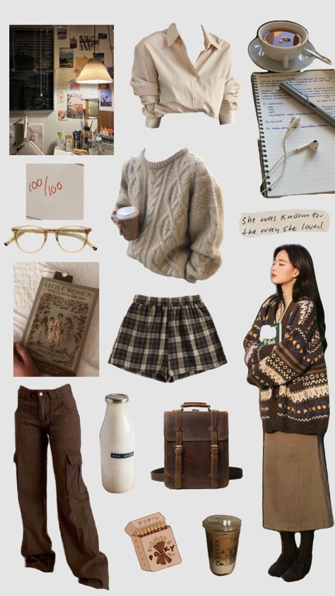 #outfitinspo #vintage #vibes #aesthetic #coffee #brown #academia #study #outfit #brownaesthetic #girl Studying Aesthetic Brown, Journalist Aesthetic Outfit, Nerd Girl Outfit, Study Outfit Aesthetic, Bookworm Aesthetic Outfit, Library Aesthetic Outfit, Vintage Vibes Aesthetic, Brown Academia, Academia Study